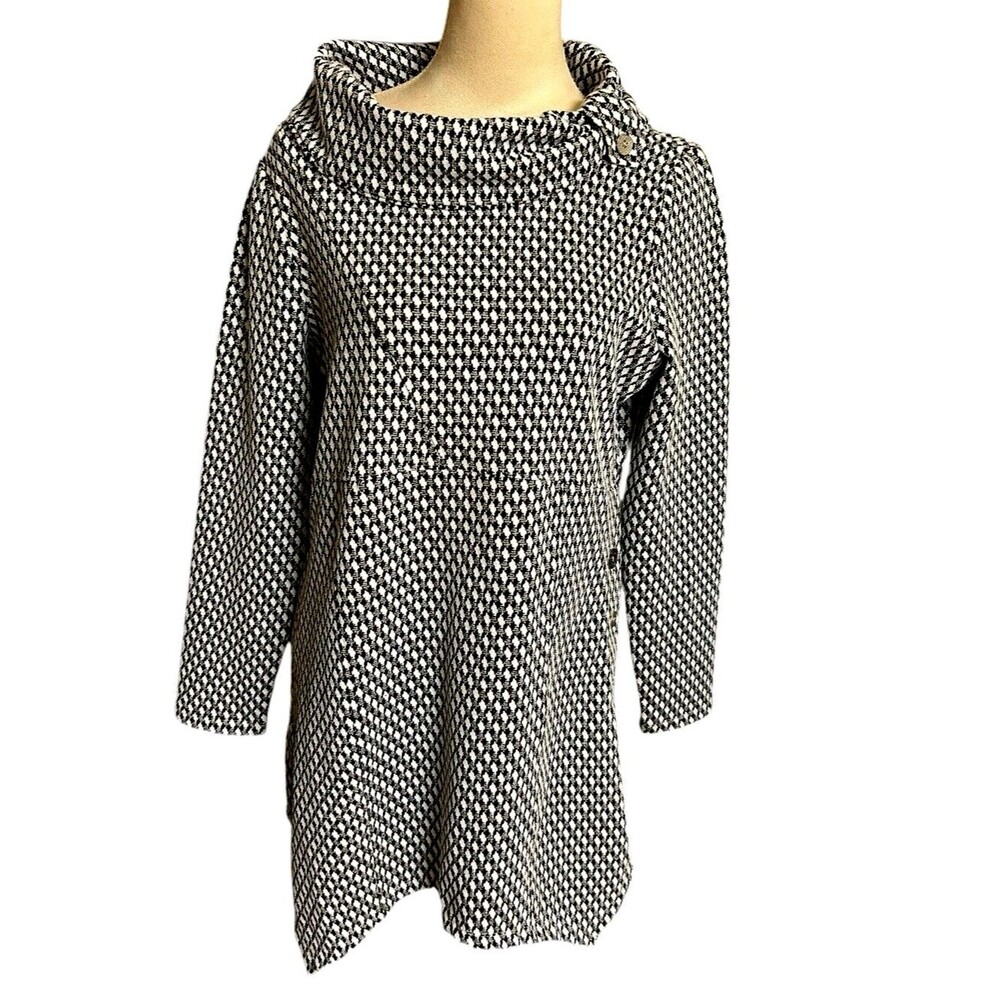 Peck & Peck Houndstooth Cowl Neck Black White Silver Button Shift Mini D…